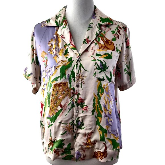 Tiny Anthropologie Womens Swiss Alps Postcard Novelty Button Up Blouse Top XS - Picture 2 of 11